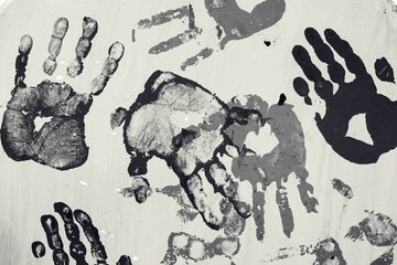 Black prints of children's hands isolated on a gray background