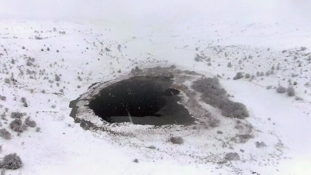 Lake in the mountain during snow blizzard