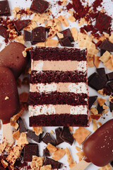 Slice of cake in the section on the background of chocolate