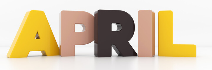 April calendar month - letters in multicolor palette, 3d render illustration
