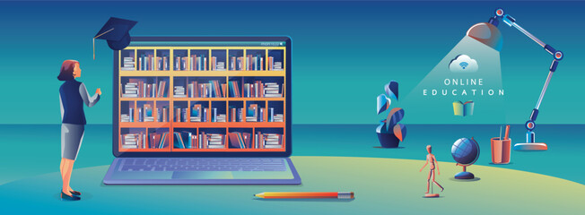 Online Education Application learning worldwide on Laptop, website background. social distance concept book lecture pencil. The classroom training course, library Vector Illustration Flat Design