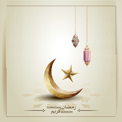 islamic greetings ramadan kareem card design background with gold crescent moon - obrazy, fototapety, plakaty