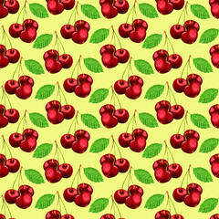 Watercolor seamless pattern of red ripe cherries with green leaf.Hand drawn elements on yellow background.For wrapping paper, fabrics,textiles and clothing, wallpaper,cards,packeging,wrapping papers.