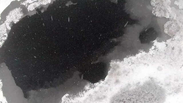 Small Lake in the mountain during snow blizzard