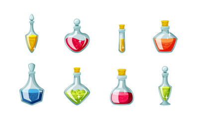 Magic potion vials set. Glass flasks with red elixir for game mechanics and interface green chemical substance with bubbles yellow alchemical liquid sealed corks. Vector potion making.