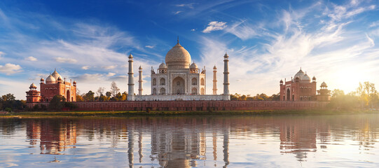 Naklejka premium Taj Mahal at sunset and its reflection, place of visit in India, view from Mehtab Bagh, Agra, Uttar Pradesh