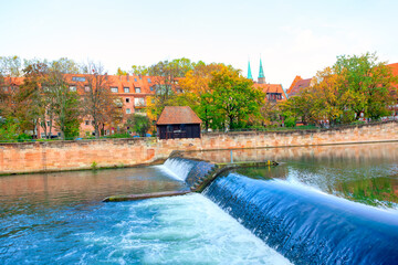 River water cascade . Pegnitz riverside of Nuremberg city
