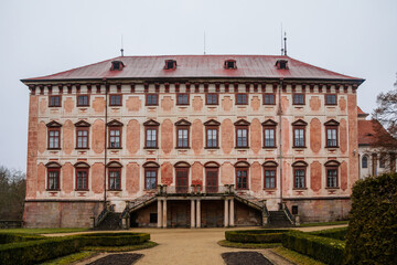 Castle Libochovice with French style park and garden, Romantic baroque chateau in winter day, Front view, Litomerice district, Bohemia, Czech Republic