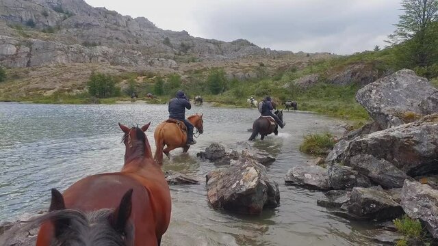 Men on horseback lead other horses along a river