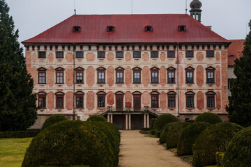 Fototapeta na wymiar Castle Libochovice with French style park and garden, Romantic baroque chateau in winter day, Front view, Litomerice district, Bohemia, Czech Republic