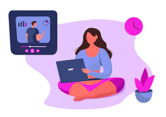 Woman Watching Online Courses.Girl Freelancer Watching Webinar.Online Education and Business School Concept.E-Learning with Flat Girl Watching Streaming Video Course on Laptop.Vector Illustration