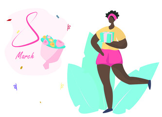 Women's day african american girl character.Happy women's day celebration.8 March.Bouquet of flowers.Woman with box gift, girl power.Сonfetti on background.Vector flat Illustration 