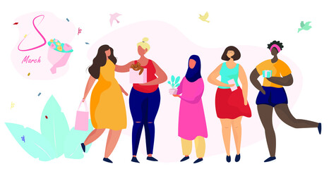 Fototapeta na wymiar Women's day characters girls.Female diverse faces of different ethnicity poster.8 March Happy Women's Day.Bouquet of flowers.Group of women of different age, race and outfits.Vector flat illustration