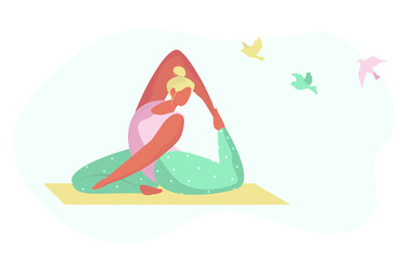 Yoga exercise, yoga pose.Young girl practices yoga in the lotus position. 21st june international yoga day.Gymnast figure.Woman doing stretching legs.Flat vector illustration.