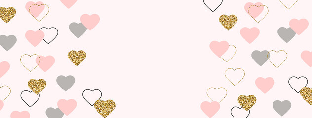Celebration frame. Glitter gold and pink hearts border. Valentines Day background. Bright heart confetti. Luxury greeting card. Romantic wallpaper design with symbol of love. Vector illustration