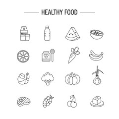 Icon set for healthy and nutritious food ingredients. Perfect for design elements from the health food web, infographics and organic food.