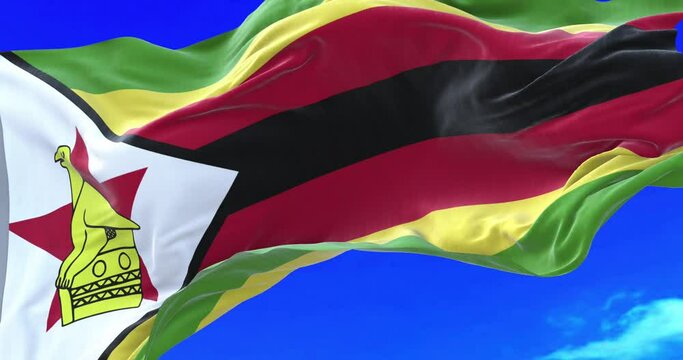 The national flag of Zimbabwe consists of seven even horizontal stripes of green, gold, red and black with a white triangle containing a red 5-pointed star with a Zimbabwe Bird.