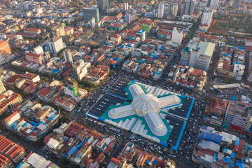 Phnom Penh Central Market in the sunset with beautiful landscape by drone  
