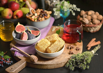 Honey, Honeycomb, Tea, Dried Fruits and Figs