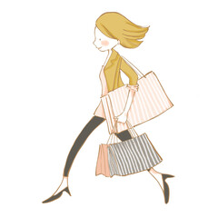 happy woman with many shopping bags walking on white background