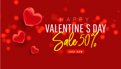 Valentine day sale design template. Red banner with 3d decorative heart, glitter confetti. Promotion discount banner. Vector illustration