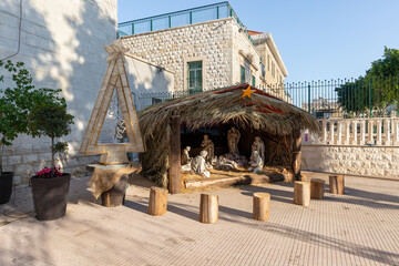 Nativity scene  in the courtyard of the St. Josephs Church on the Sderot HaMeginim Street in the...