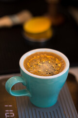 Morning coffee in a ceramic mug.