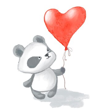 Cute panda with a heart-shaped balloon. Beautiful hearts. Love. Hand-drawn painted. Valentine's day. For holiday, postcard, poster, carnival, banner, birthday and children's illustration.