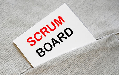 SCRUM BOARD text on the white sticker in the shirt pocket.