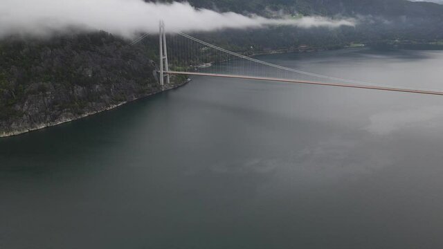 One of the longest suspension bridges in the world. Western Norway,  Eidfjord, Hardanger bridge . Areal footage