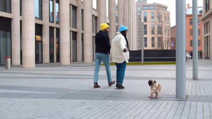 Young lovely diverse couple walking with dog on street