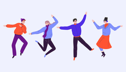 Fototapeta na wymiar Happy dancing people isolated on gentle purple background. Exciting music party, disco, dancing cartoon images of people. Vector illustration