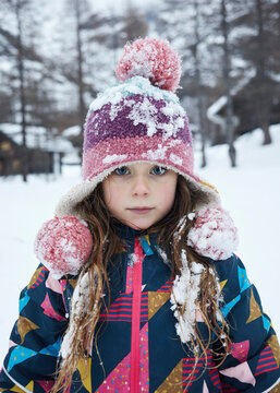 Bambina primo piano con cappello nella neve in montagna