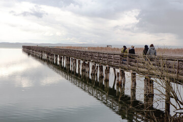 Fototapeta na wymiar Back view of friends walking on wooden Pier on Trasimeno lake, on a cloudy winter day, in the naturalistic oasis of 