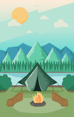 Camping and mountain activity on flat vector illustration with camp fire and log woods. Outdoor activity.
