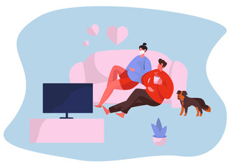 Valentine's day Celebration during Quarantine in Coronavirus. Couple Stay Home in medical Masks. 14 February. Romantic Dating.Romantic Kiss. Covid 19. Protect Yourself. Flat Vector Illustration
