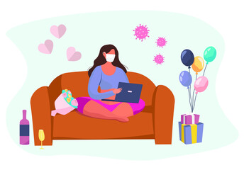 Valentine's day Celebration Online during Quarantine in Coronavirus.Couple using Laptop for Online Communication and Romantic Dating.14 February.Love  at Distance.Virtual date.Flat Vector Illustration