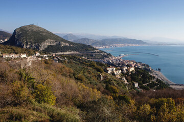 Panorama view of the gulf of Salerno In front the stunning Monte S. Liberatore,  Below, Vietri sul mare, the first mediterranean town on the Amalfi coast, on background Salerno city.
