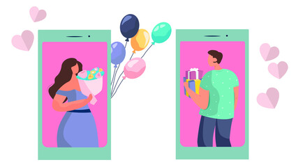 Valentine's day Celebration during Quarantine in Coronavirus. Couple Stay Home in medical Masks. 14 February. Romantic Dating.Romantic Kiss. Covid 19. Protect Yourself. Flat Vector Illustration