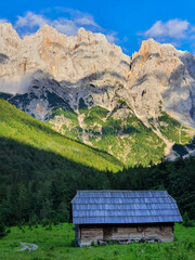 VERTICAL: Picturesque shot of wooden cottage surrounded by majestic Julian Alps.