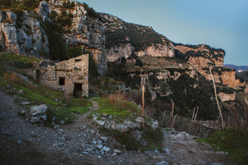 Fototapeta na wymiar Amalfi Coast, campania, region of Campania, ruins of a house at dusk along the spectacular the path of the gods (Sentiero Degli Dei), southern Italy.