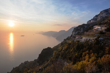 Fototapeta premium Panorama view of the Amalfi coast seen from the path of the gods at sunset, Campania, Southern Italy.