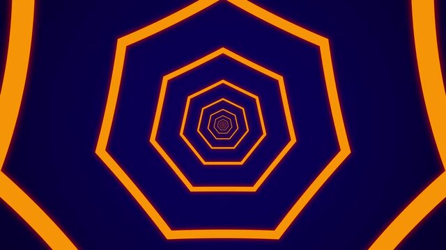 Light tunnel with orange heptagonal elements on a dark blue background. Simple seamless motion graphic animation