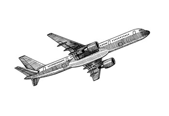 Jetliner hand drawn llustration realistic doodle sketch (originals, no tracing). Airline Concept Travel Passenger plane. Jet commercial airplane.