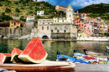 Watermelon on the table on a beautiful sunny day