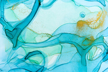 Alcohol ink blue transparent background. Ocean style watercolor drops texture.
