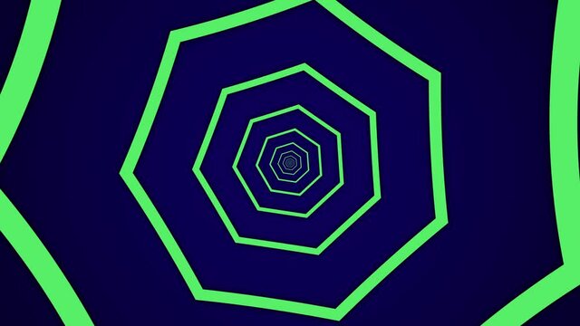 Light tunnel with green heptagonal elements on a dark blue background. Simple seamless motion graphic animation