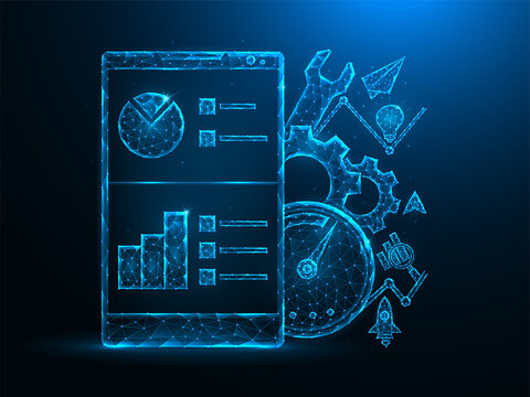 Mobile SEO optimization low poly art. Phone, gears, speedometer, service, communication and analytics polygonal vector illustrations on a blue background.