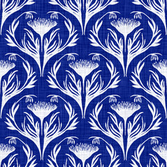 Indigo blue floral motif on linen texture background. Hand drawn dye batik bloom bouquet seamless pattern. Modern rustic coastal wedding flower textile backdrop. Summer nautical damask home decor. 