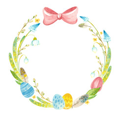 Obraz premium Spring wreath with Easter eggs, pussy willow, feathers and flowers. Easter themed template for postcards, posters, banners. Watercolor clipart on white background